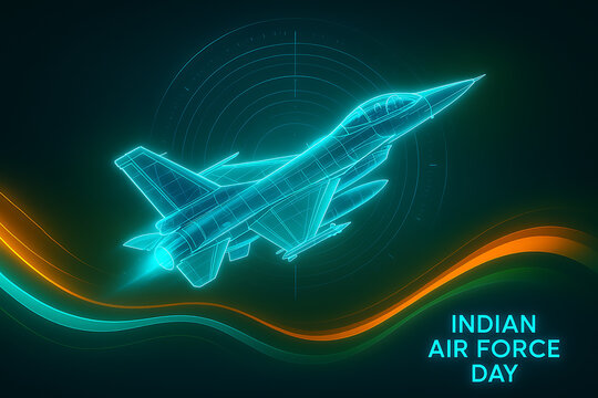 Indian air force day glowing digital illustration with neon fighter jet, radar circles and futuristic tricolor waves in dark background - Powered by Adobe