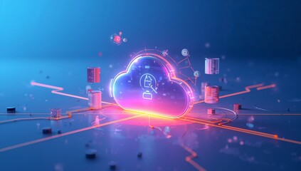 A futuristic business technology concept featuring a glowing digital cloud surrounded by server icons and network connections symbolizing cloud computing, Generative AI