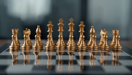 A high-resolution business strategy concept featuring golden chess pieces on a polished chessboard symbolizing leadership, planning, and decision-making, Generative AI