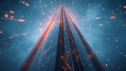 A high-resolution futuristic business architecture concept featuring a glass skyscraper with glowing digital lines symbolizing corporate growth, Generative AI