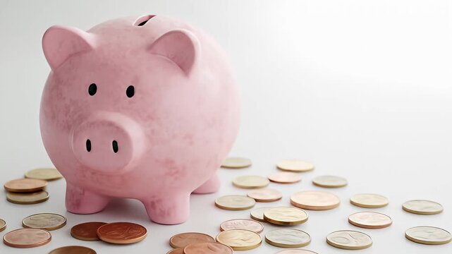 Pink piggy bank stands amid scattering of metallic coins on a white backdrop