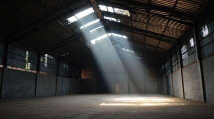 Empty warehouse bathed in sunlight