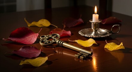 Antique brass key rests on a polished wooden table surrounded by fallen autumn leaves and a lit candle.