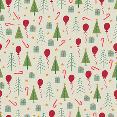 Christmas tree and ornaments vector seamless pattern. Holly jolly Xmas surface design of Pine trees, stars, presents, stars, candy canes and polka dots on white background