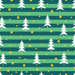 Christmas tree vector seamless pattern. Holly jolly Xmas surface design of pine trees, stars and polka dots on green horizontal striped background