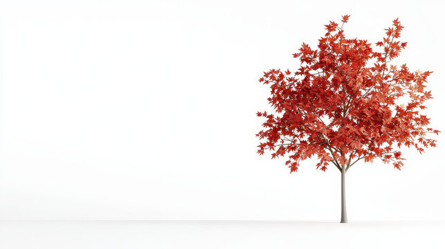 Vibrant red maple tree stands alone against clean white background, showcasing its stunning autumn foliage