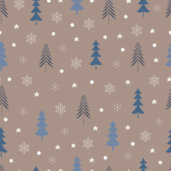 Christmas tree vector seamless pattern. Holly jolly Xmas surface design of pine trees, stars, snowflakes and polka dots on beige background