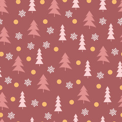 Monochromatic Christmas tree vector seamless pattern. Holly jolly Xmas surface design of pine trees, snowflakes and polka dots on pink background