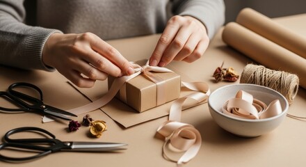 Obraz premium Caucasian female wrapping gift with ribbon in cozy home setting