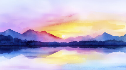 Fototapeta premium Serene landscape featuring mountains and tranquil lake sunset, showcasing vibrant colors of purple, pink, and yellow