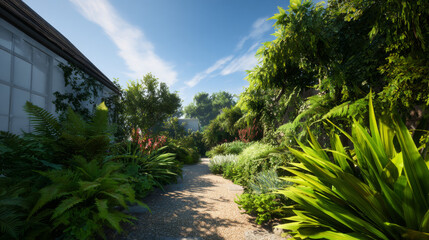 Obraz premium Tropical garden pathway surrounded by lush greenery, vibrant plants, and a serene atmosphere under a clear blue sky 