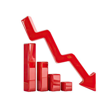 3D red bar chart declining down with an arrow