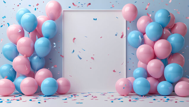 A festive scene with pink and blue balloons framing a white rectangular space, sprinkled with confetti. The soft, rounded forms and pastel colors suggest a baby shower or a gender reveal party.