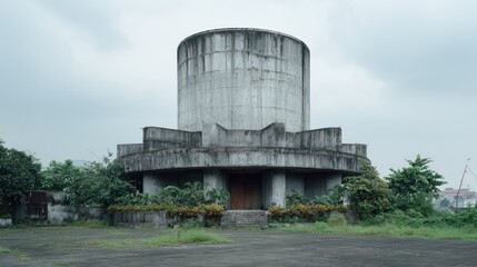 Gray concrete structure, overgrown grounds