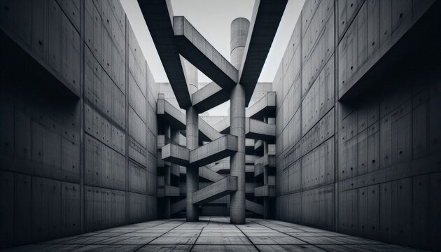 Complex concrete stairs structure connecting many levels in a brutalist style building