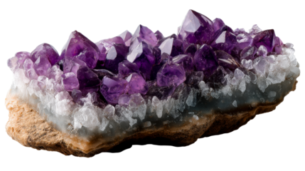 Cluster of vibrant purple amethyst crystals with sparkling facets on a rough brown matrix