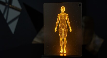 Holographic representation of a human body, glowing orange, displayed on a transparent screen against a dark, futuristic background.