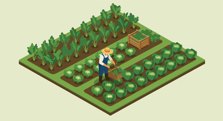 Farmer plowing field of cabbages and greens on a farm, with a crop-filled basket