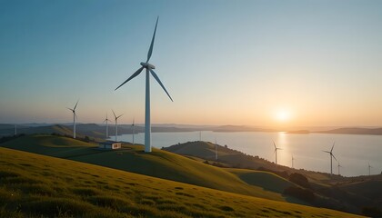 Obraz premium Wind Turbines on a Hilly Coastline at Sunset