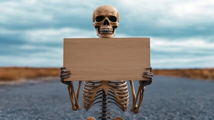 Skeleton holding a blank wooden sign against a cloudy. Bony figure grasping an empty timber placard before an overcast heaven spooky macabre autumn halloween message announcement