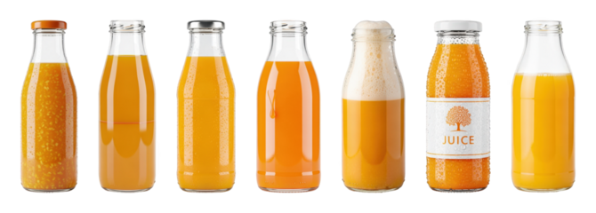 Orange juice bottle set including various pulp, foam, capped, open, and label options isolated. Refreshing healthy beverage collection.