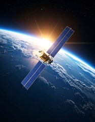 Obraz premium Satellite orbiting Earth sunrise
