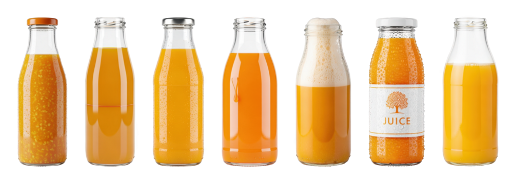 Orange juice bottle set including various pulp, foam, capped, open, and label options isolated. Refreshing healthy beverage collection.
