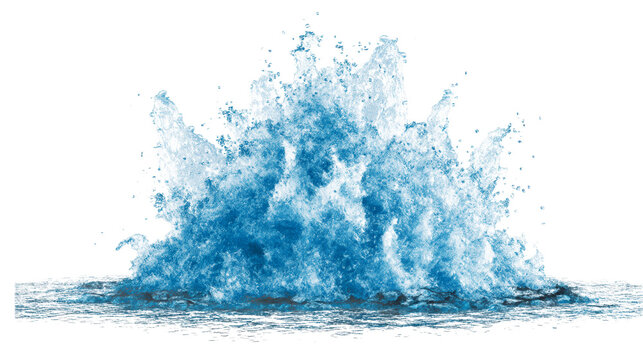Dynamic blue water splash with frothy liquid exploding upwards