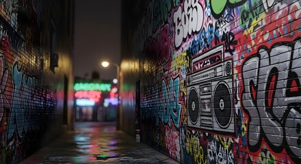 Obraz premium Gritty urban alleyway at night illuminated by vibrant graffiti and neon signs, reflecting on wet pavement.