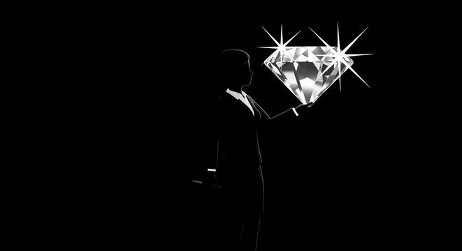 Silhouette of a man in a tuxedo admiring a large, sparkling diamond in the dark.