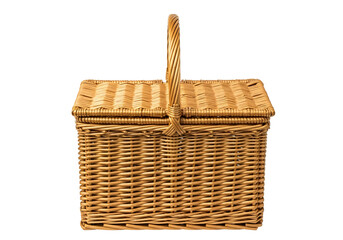 A rectangular wicker picnic basket with a lid and handle, displayed against a pure black background, featuring intricate weaving patterns.