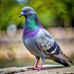 Close up of a colorful pigeon with iridescent neck feathers standing on a wooden surface