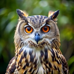 Close up portrait of a majestic eurasian eagle owl with piercing orange eyes