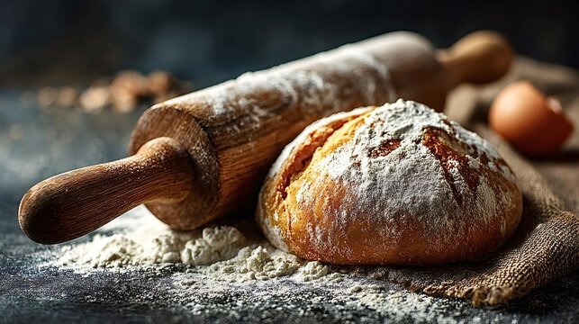 Freshly baked bread resting on a burlap sack, dusted with flour, and accompanied by a wooden rolling pin, evokes a charming rustic bakery scene filled with warmth and tradition - Powered by Adobe