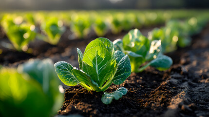 Young bok choy plants growing in fertile soil at sunset