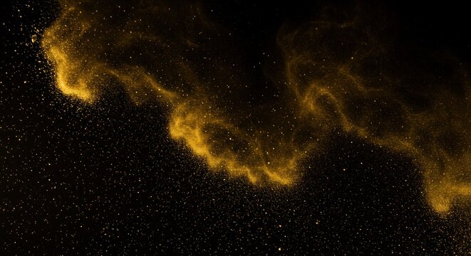 Abstract golden particles swirling in a dark background.