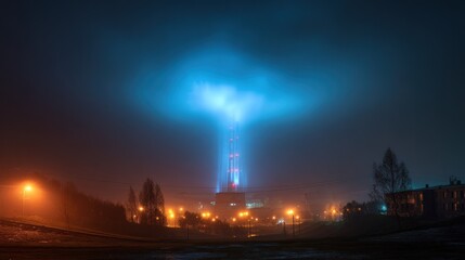 Misty night cityscape with glowing tower