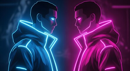 Cyberpunk duo facing each other with glowing neon outlines, futuristic, digital art portrait