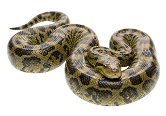 Obraz premium A close-up shot of a captivating yellow and black patterned snake coiled against a pure black background.