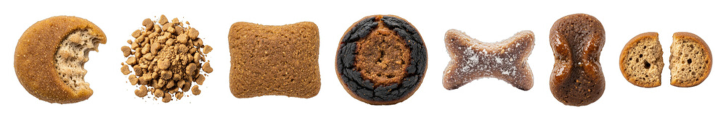 Baked goods set including bitten, crumb pile, rectangular, burnt, sugared, glazed, and halved pieces isolated. Diverse snack collection.