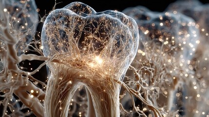 Microscopic view of a futuristic regenerating tooth highlighting its connection to nerves and blood vessels, showcasing advancements in dental technology and bioengineering
