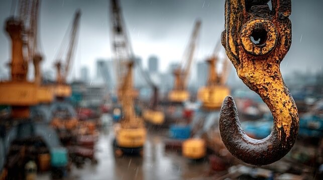 Close up of a rusty crane hook hanging in the rain, with blurred cranes and industrial equipment in the background, creating a dramatic and evocative scene of heavy industry - Powered by Adobe