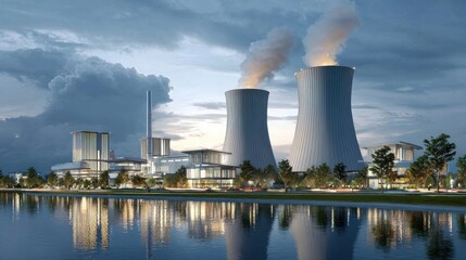 Modern power plant by a lake at dusk