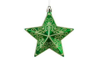 Obraz premium A vibrant green star-shaped ornament, detailed with shimmering gold patterns, hangs against a stark black background.