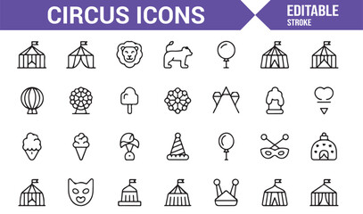 Set of entertainment and circus icons including balloons, animals, and rides