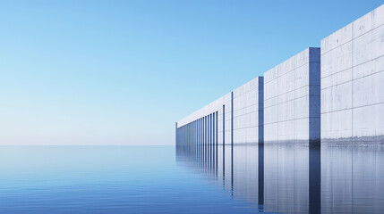 Serene minimalist design featuring concrete wall reflecting in calm water under clear blue sky