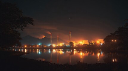 Night industrial landscape by water