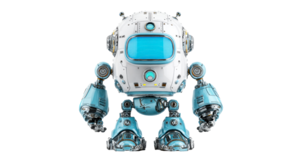 Futuristic blue and white android companion with glowing blue screen