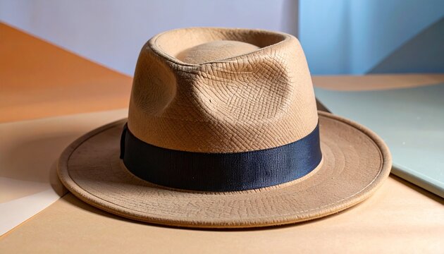 A classic straw Panama hat with a dark navy ribbon, a stylish summer accessory for vacation and sun protection, displayed on a colorful, modern background - Powered by Adobe
