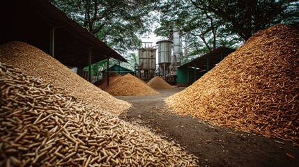 Piles of wood chips in a processing yard